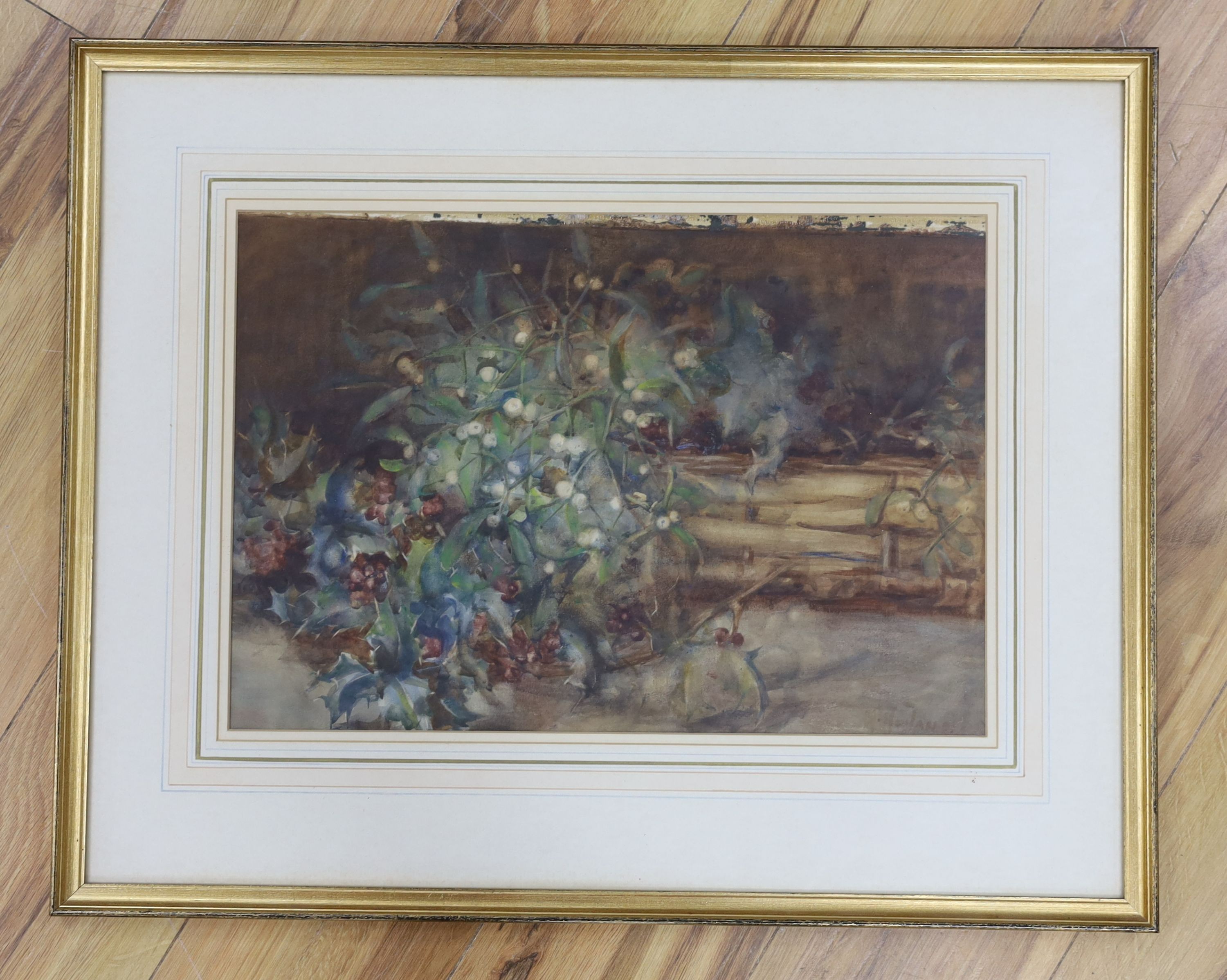 Hannah Hoyland, watercolour, Still life of mistletoe and holly, signed, 32 x 47cm